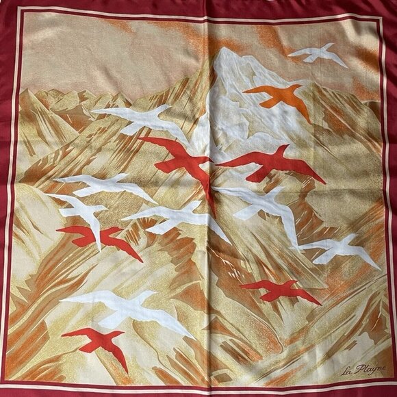 Vintage Francois de Reix Silk Scarf La Plagne French Alps Mountains Birds Square - Picture 2 of 7
